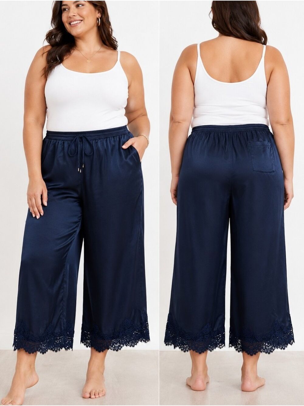 Skies Are Blue Black Satin Wide Leg Lace Hem Pants XL